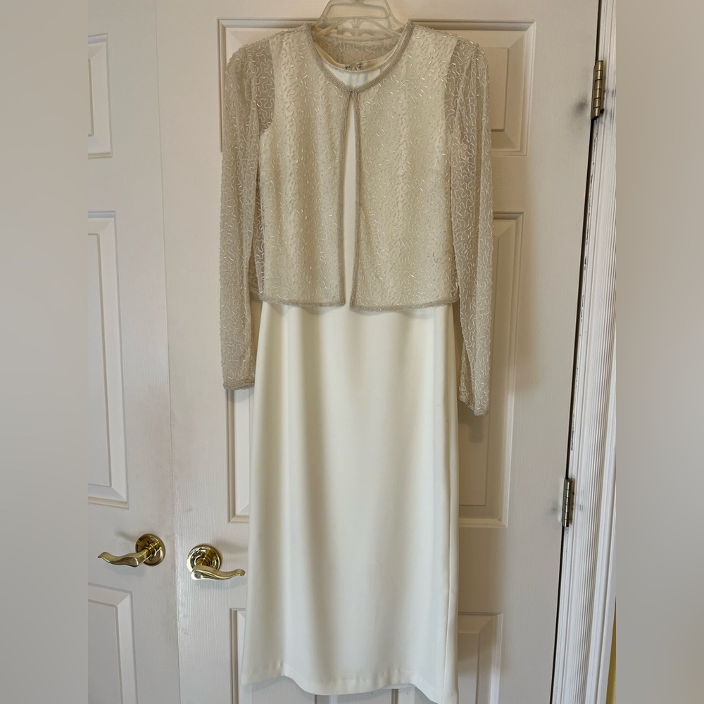 Elegant Cream Dress with Sheer Beaded Overlay size petite 4